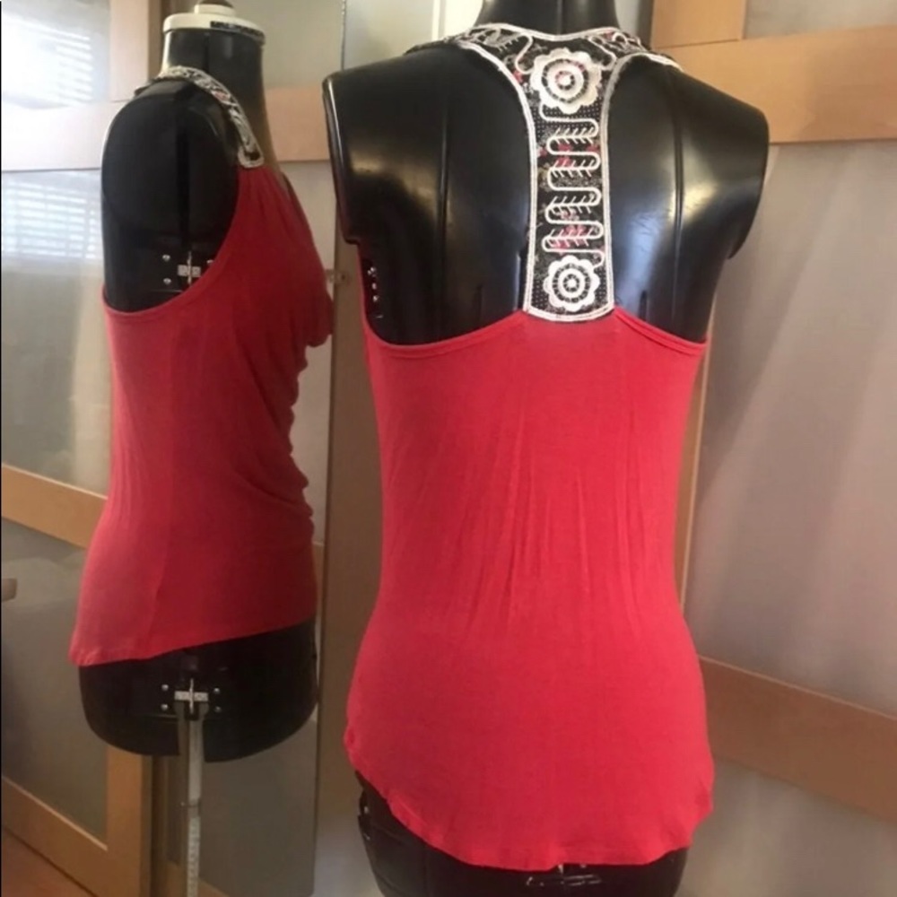 Cowl Neck Embroidered Racerback Top,M - Picture 4 of 6